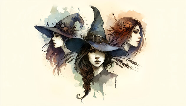 Three women in witch's hats. Watercolor drawing of a witch's meeting. Coven of witches