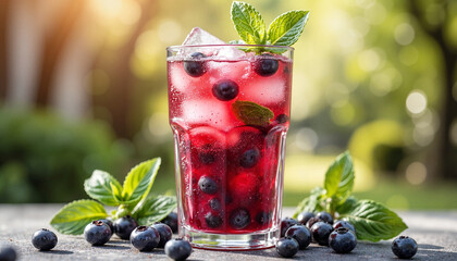 Refreshing blueberry mint cooler drink with ice and mint leaves on wooden table