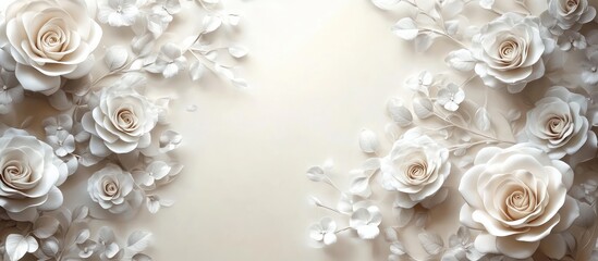 White roses border, beige background, wedding invitation