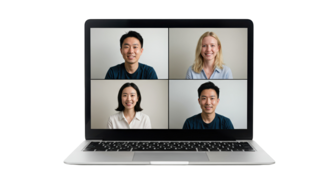 Isolated Laptop Screen Displaying Video Conference with Four People