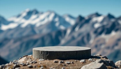 Empty stone display podium on a mountain peak with a blurred landscape. Nature, outdoor concept with copy space for product placement.