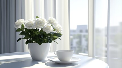 Fototapeta premium White tabletop with soft bloom centerpiece in ceramic pot under natural light