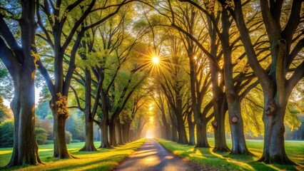 Fototapeta premium Sunlit Pathway Through a Canopy of Majestic Trees on a Serene Morning