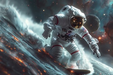 Fototapeta premium An astronaut surfs a cosmic wave in outer space gracefully