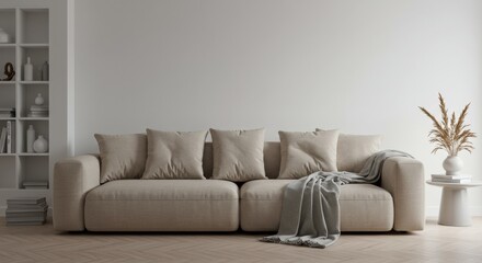 Fototapeta premium A straight-on view of a beige or gray modular sofa in a minimalist apartment setting. White walls, wooden floor, soft lighting, with simple yet elegant decor (books, vases, blanket).