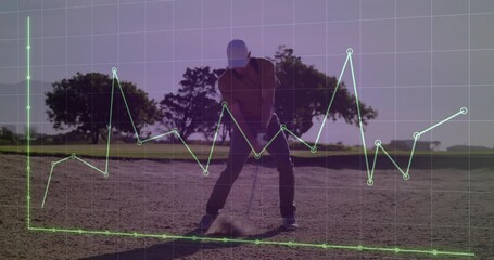 Mature male golfer swinging from sand bunker, showing golf analytics with neon-green graph overlay - Powered by Adobe