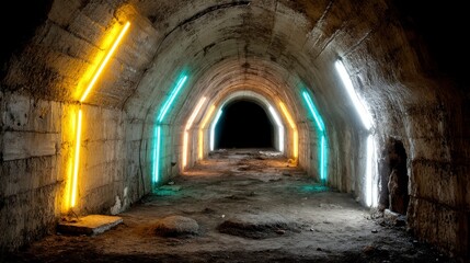 Fototapeta premium Neon lights illuminate an arched stone tunnel, creating a vibrant contrast between modern and ancient architecture.