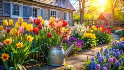 Fototapeta premium A sunlit garden path meanders through a vibrant display of spring blossoms, featuring tulips, daffodils, and hyacinths, with a rustic watering can nestled amongst the colorful flowers.