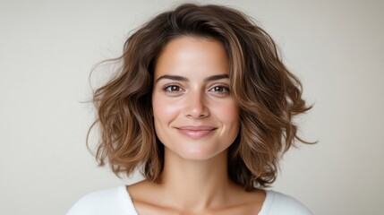A woman with wavy brown hair smiling at the camera in a studio setting, close-up portrait with neutral background, and natural beauty concept.