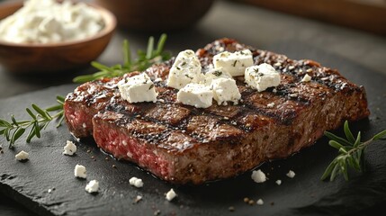 Juicy steak placed on a slate plate with crumbled feta cheese and fresh herbs for an elegant culinary presentation