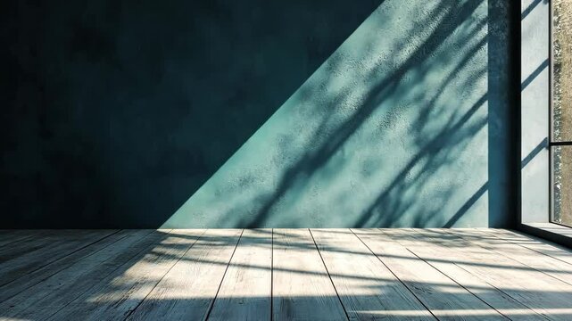 Shadowy interior Sunlight on blue wall, window, wooden floor in empty room