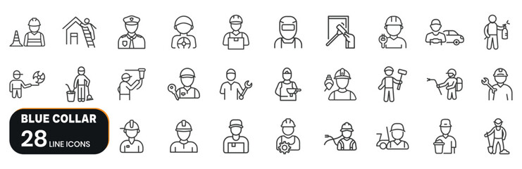 Blue Collar Professions Icons – Labor Jobs, Skilled Trades, and Manual Work Line Icon Set