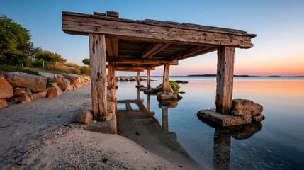 Wooden pier over calm water at sunrise