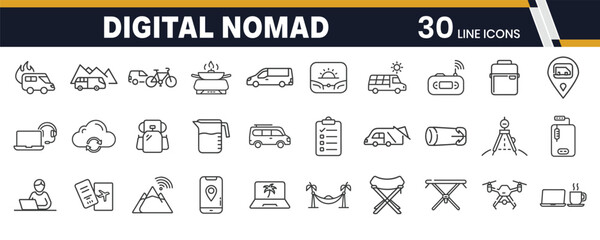 Digital Nomad and Van Life Icons – Remote Lifestyle, Freelance Travel, and Mobile Work Icon Pack