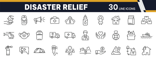 Disaster Relief and Humanitarian Aid Icons – Emergency Response, Support Services, and Recovery Efforts Line Icons