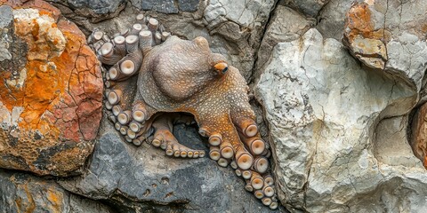 a Giant Pacific octopusâ€™s textured skin, showing its ability to change color and blend into the rocks