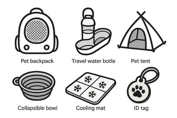 Pet travel gear is represented by icons such as a pet backpack and travel water bottle