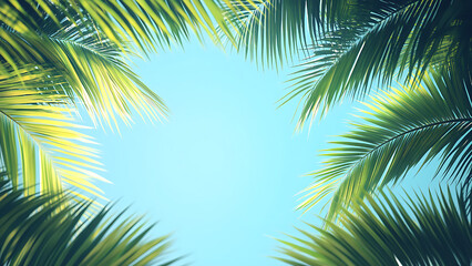 Naklejka premium Tropical frame with green palm leaves. Tropical plant branches isolated on blue sky background.