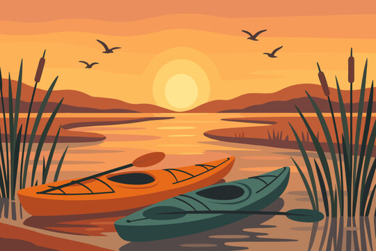 Kayaks, reeds, and birds are set against the stunning backdrop of a coastal estuary at sunset