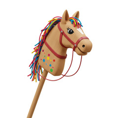 A charming wooden hobby horse with a colorful rainbow mane and a red bridle on transparent background.