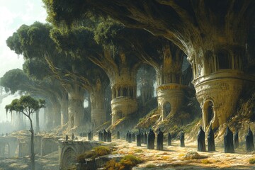Ancient trees form a path with people moving on the ground