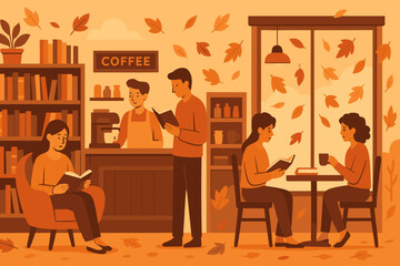 A bookstore scene set in autumn, complete with shelves, a coffee bar, readers, and falling leaves