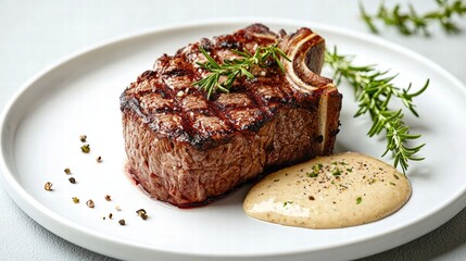 Tender steak accompanied by rich horseradish sauce on a white plate with generous space for creative text overlay