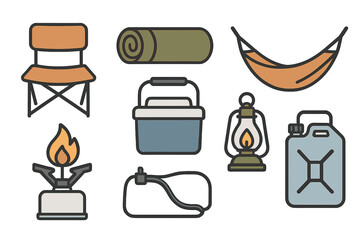 Icons of outdoor camping accessories, including a camp chair and sleeping pad, are featured