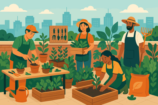 Scene of a rooftop gardening workshop in an urban setting featuring various plants, gardening tools, and gardeners with a city skyline view