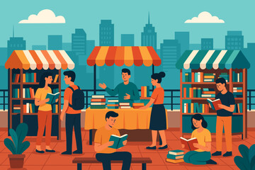The scene of a book fair on an urban rooftop features numerous stalls, a wide variety of books, many readers, and stunning views of the city