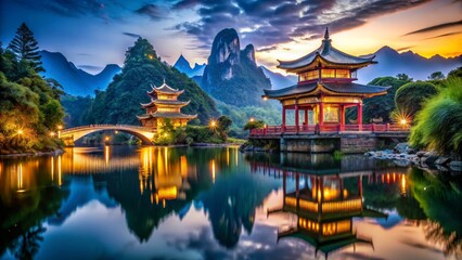 Fototapeta premium Serene Asian Temple Reflections at Dusk