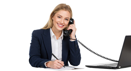 A businesswoman with a cheerful expression is on a call while working on a laptop.