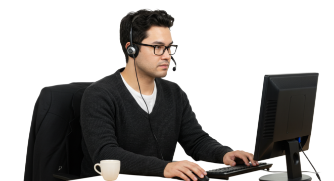 A man with a headset is working on a computer to provide customer support on a black transparent background.