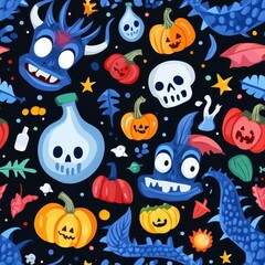 Fototapeta premium Colorful Halloween Pattern with Ghosts and Pumpkins