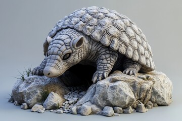 Fototapeta premium Detailed figurine of a pangolin resting on a rocky outcrop.