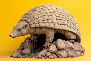 Fototapeta premium Detailed figurine of a pangolin on a rocky outcrop.