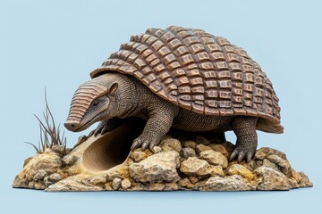 Fototapeta premium Detailed prehistoric armadillo figure, posed near a burrow.