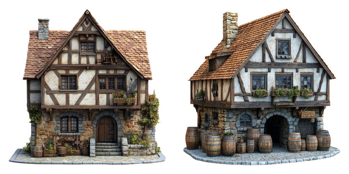 Half timbered houses with tavern facade isolated on transparent PNG perfect for European village scenes or fantasy town settings