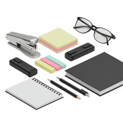 An isometric view showcases office supplies like pens, notebooks, and glasses on a transparent backdrop.