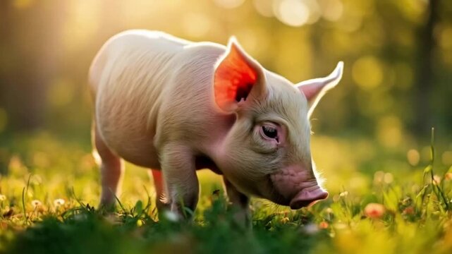 A pig stands in a meadow. Smooth repeating motion for background video animation
