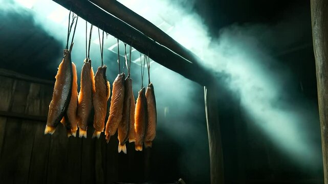 In a rustic smokehouse, salted fish fillets dangle, the smoke swirling around as they cure to perfection. This traditional smoking process transforms the seafood into a rich, flavo