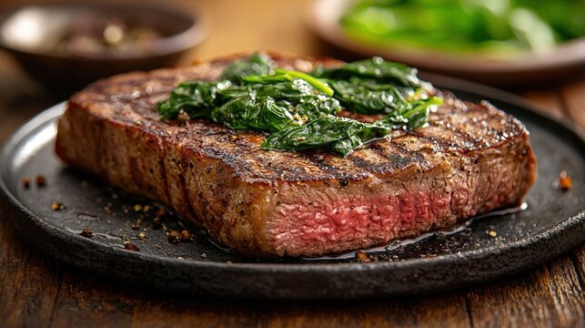 Flavorful steak presented on a plate with fresh saut?ed spinach for a wholesome and satisfying meal experience