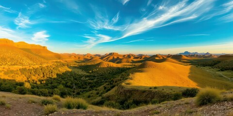 Fototapeta premium Golden Hour Panorama of Rolling Hills and Dramatic Cliffs