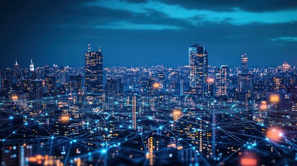 Fototapeta premium Night city skyline, network connections, urban technology, futuristic background, tech concept