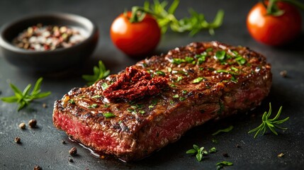 Juicy steak on a table with sun-dried tomato butter drizzled generously for a flavorful and appetizing display