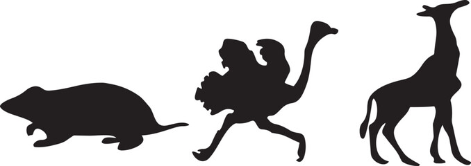 Black vector silhouettes of a horse and a giraffe stand among other animal icons, a cute design element