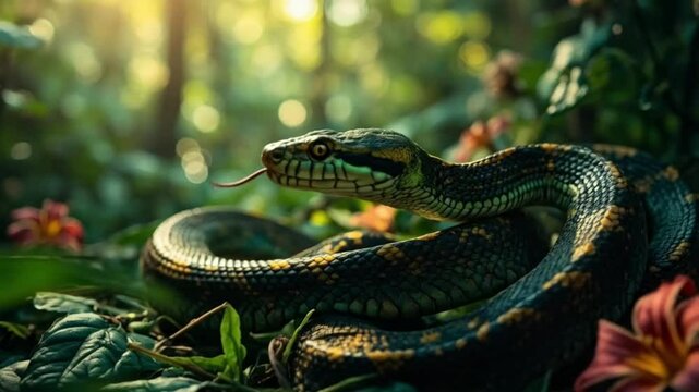 A green snake coiled in the grass. Smooth repeating motion for background video animation.