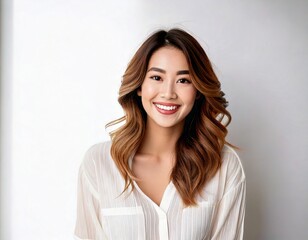 Obraz premium 笑顔の若い女性, セミロング, ややウェーブ, 自然光, 白いブラウス, 清潔感のある白背景, リアルな描写, 柔らかい光, シャープなフォーカス, 高精細, a smiling young woman, medium-length hair, slightly wavy, natural lighting, white blouse, clean white background