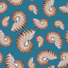 Marine summer themed seamless pattern on blue background.  Pastel Seashells ornament.Ocean inspired marine design perfect for fabric prints, wallpapers, beach decor,wraping paper
