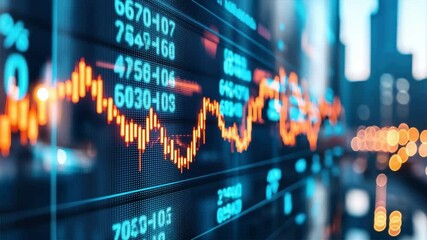 Close-up of a financial graph displaying market trends and stock data with dynamic movements in a digital format.